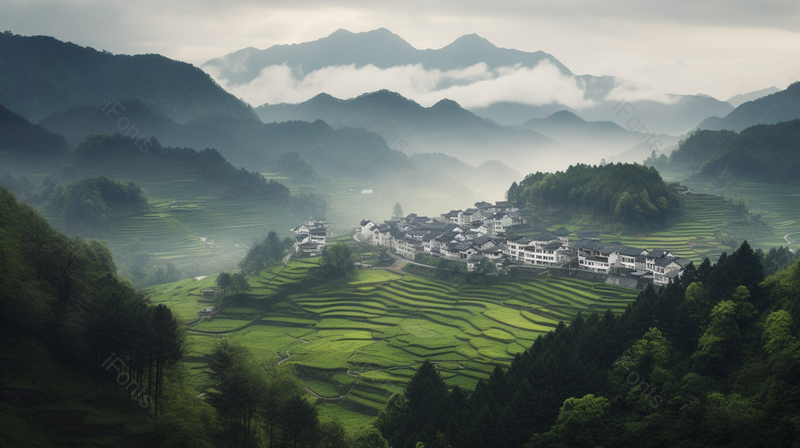 云雾缭绕的大山深处的小山村,高清,摄影图,摄影图片,图片大全,摄影图免费下载
